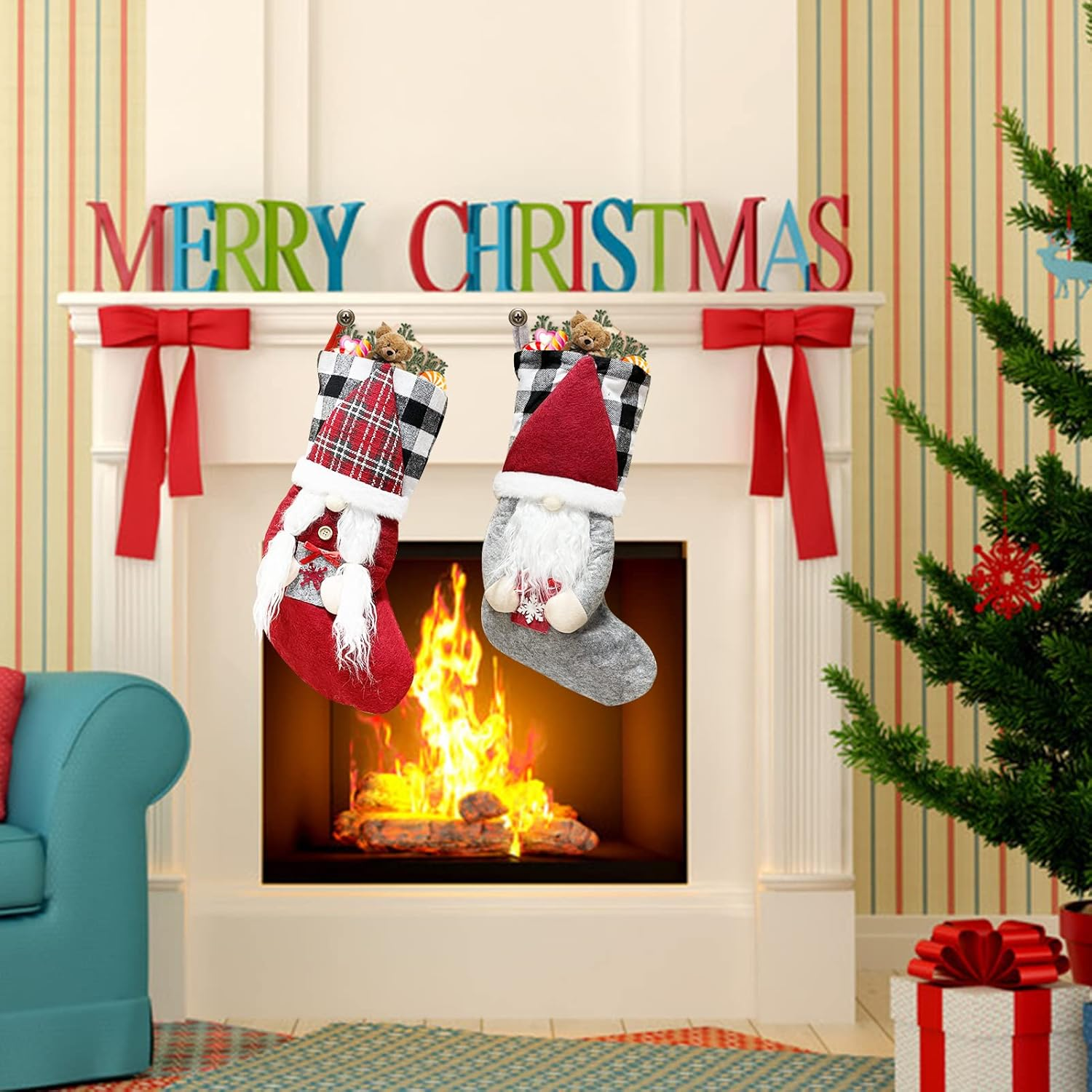 Meajore 2 Pcs Christmas Stockings New Set, 3D Gnomes Santa Christmas Stockings Personalized (18Inch) Soft Classic Red and Grey Fireplace Hanging for Family Holiday Xmas Party Decorations - Elk+Deer Head image number 5