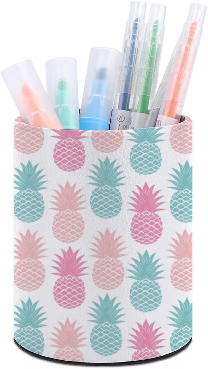 Quteprint round Pencil Holder for Desk, Colorful Summer Pineapple Pen Holder Desktop Pencil Pen Cups Pen Organizer Makeup Organizer Storage Box for Home Office Teacher, Leather image number 5