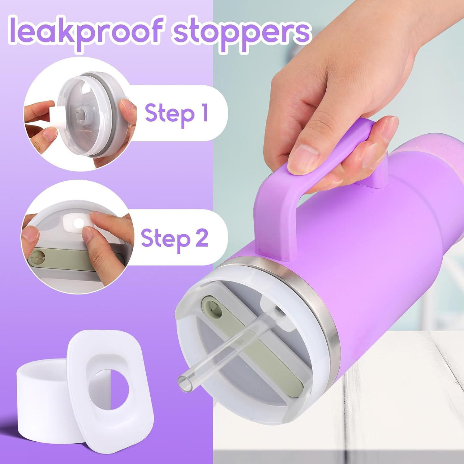 6PCS Cup Accessories Set for Stanley Cup 30Oz 40Oz Tumbler with Handle, Including Silicone Straw Topper Cover Cap and Boot, Spill Proof Stopper, Handle Charm, Initials Sticker(Purple B) - Purple B image number 4