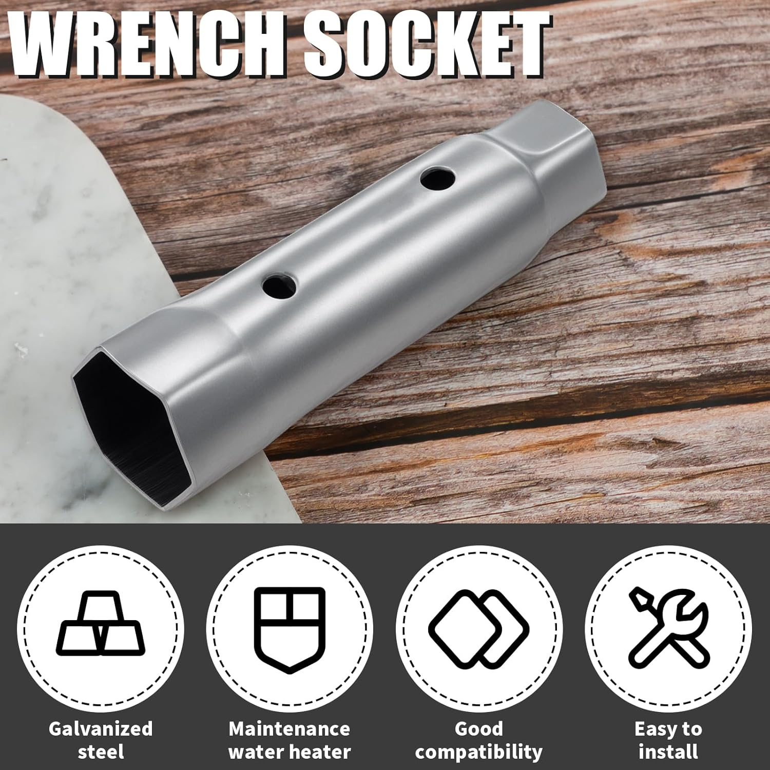 Galvanized Carbon Steel RV Water Heater Element Wrench, Water Heater Hex Socket, Compact Anode Rod Hex Wrench, Hex Socket for RV Camper Travel Trailer Motorhome, 1-1/16 in X 1-1/2 in X 6 in (1) image number 2