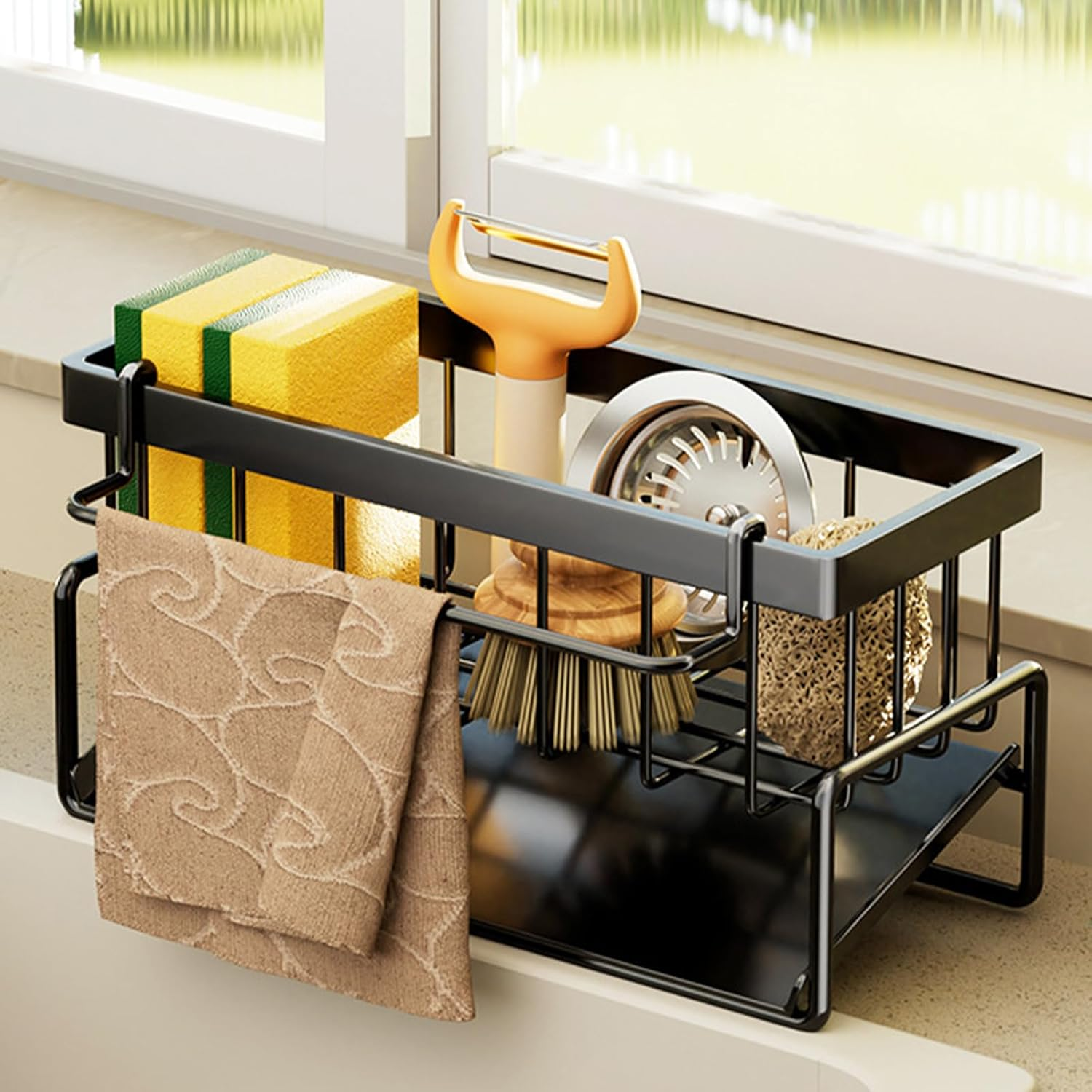 Kitchen Sink Caddy Organiser with Removable Dish Cloth Hanger, Sponge Holder for Kitchen Sink with Self Draining Tray, Stainless Steel Dish Soap Holder image number 5