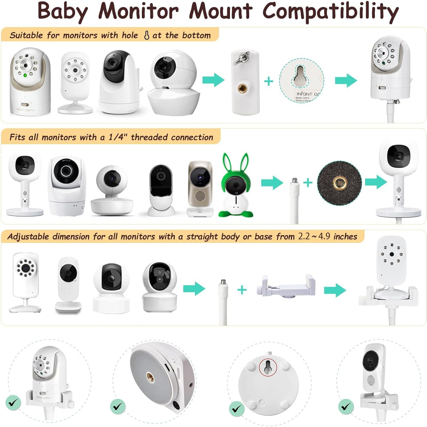 Baby Monitor Floor Stand Holder Compatible All Cameras Secure Baby Monitor Mount for 1/4'' Screw，Height Adjustable & Universal & Flexible Mount Secure Camera Keep Away from Touching image number 1