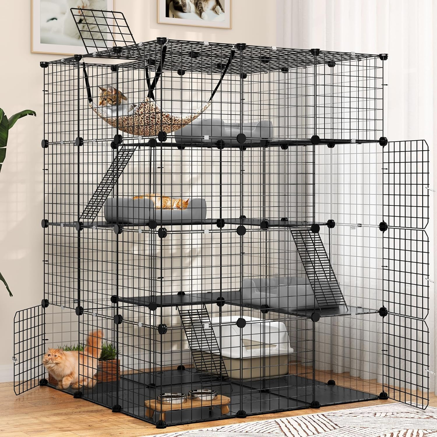 Advwin Large 4 Tier Cat Cage, Pet Playpen Cat Kennel, Indoor DIY Cat Enclosure with Extra Large Hammock for 1-3 Cats, 106 X 106 X 141 CM image number 5