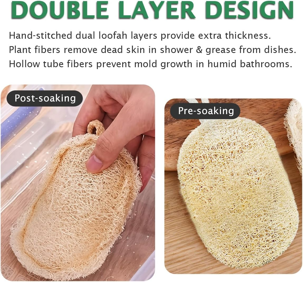 Natural Loofah Sponge for Bath & Kitchen - Double Layer Exfoliating Scrubber, Eco-Friendly Plant Fiber Body & Dish Scrub Pad, 2-Pack in Paper Bag (12X8Cm) image number 5