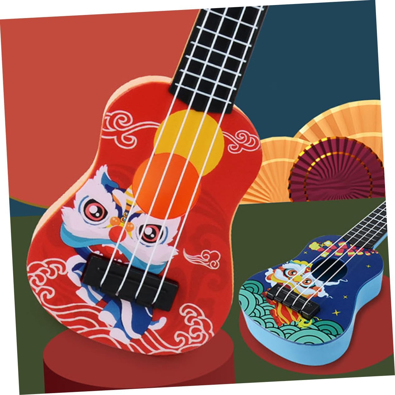 2Pcs Ukulele Cartoon Mini Guitar Model for Beginners Ages Smooth Surface Musical Instrument Educational Plaything in Red and Blue