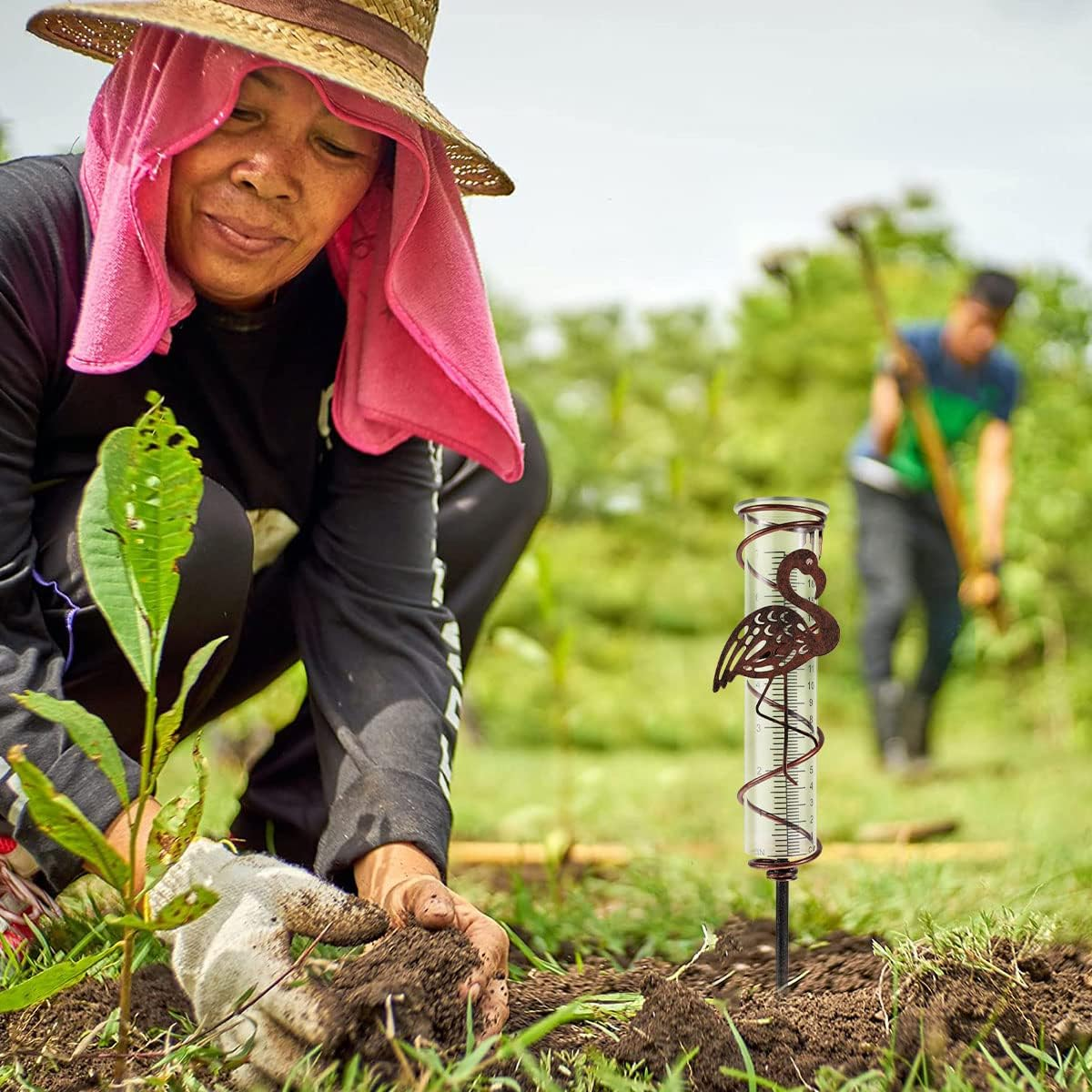Rain Gauge for Garden - 7Inch Capacity Metal Spiral Rain Gauge with Bird Ornament Outdoor Water Gauge Rain Falling Measuring Instrument for Patio Lawn Backyard Decoration (Flamingo)