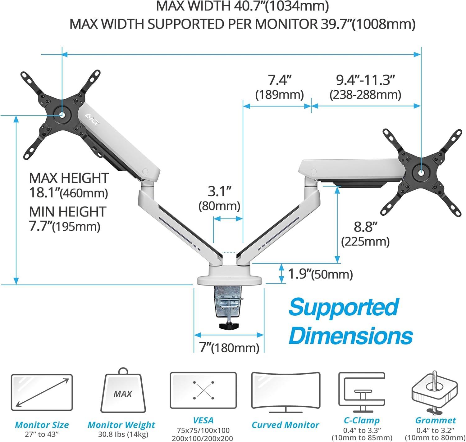 AVLT Dual RGB Gaming Monitor Arms Desk Mount, Fits 27&rdquo;-43&rdquo; Monitors, 20 Lighting Modes with Touch Control, Adjustable Height, Swivel Tilt Rotation Stand - White image number 5
