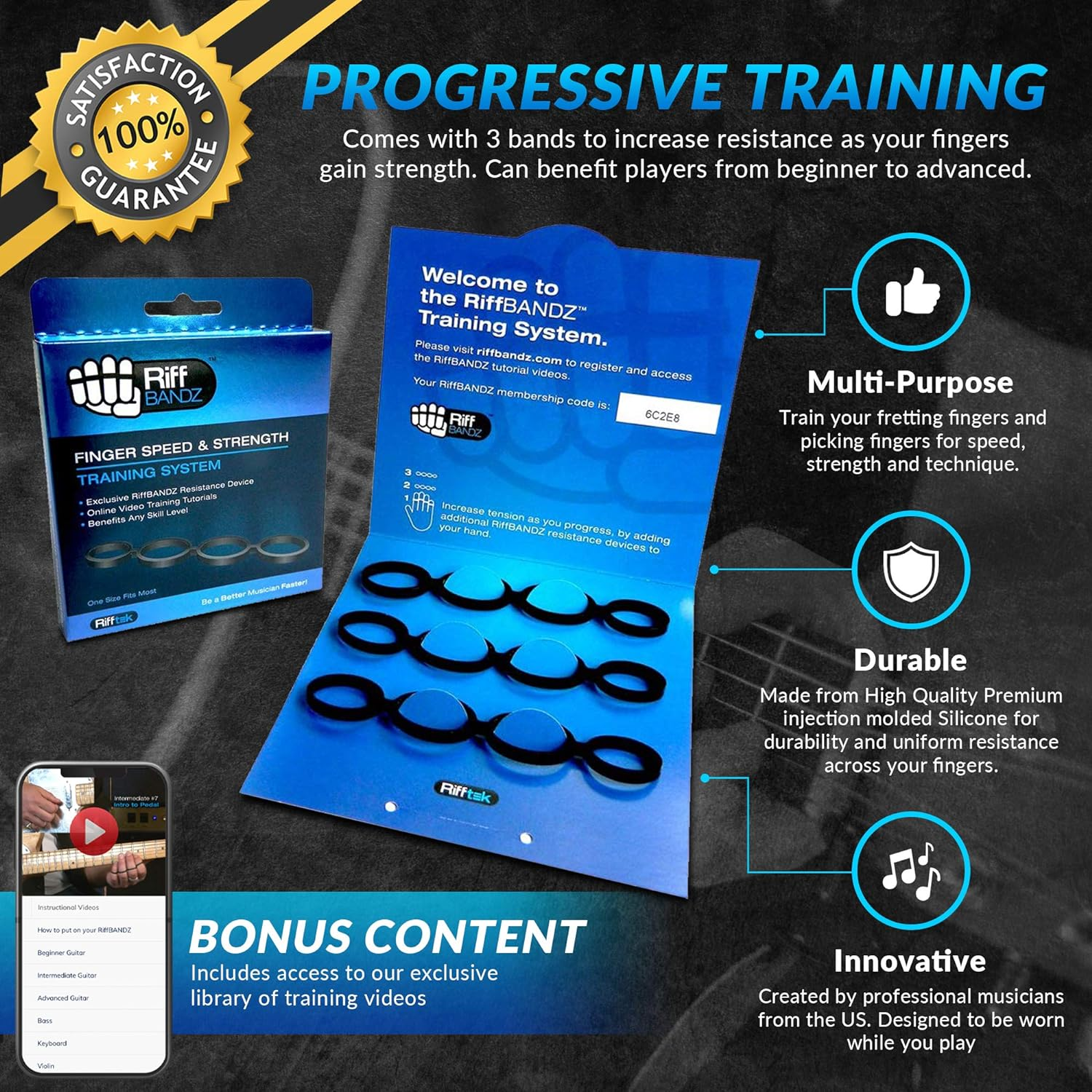 Riff BANDZ - Training Bands for Guitar Bass Piano Finger Speed System - Premium Set of 3 Hand Strengthener Accessories image number 3