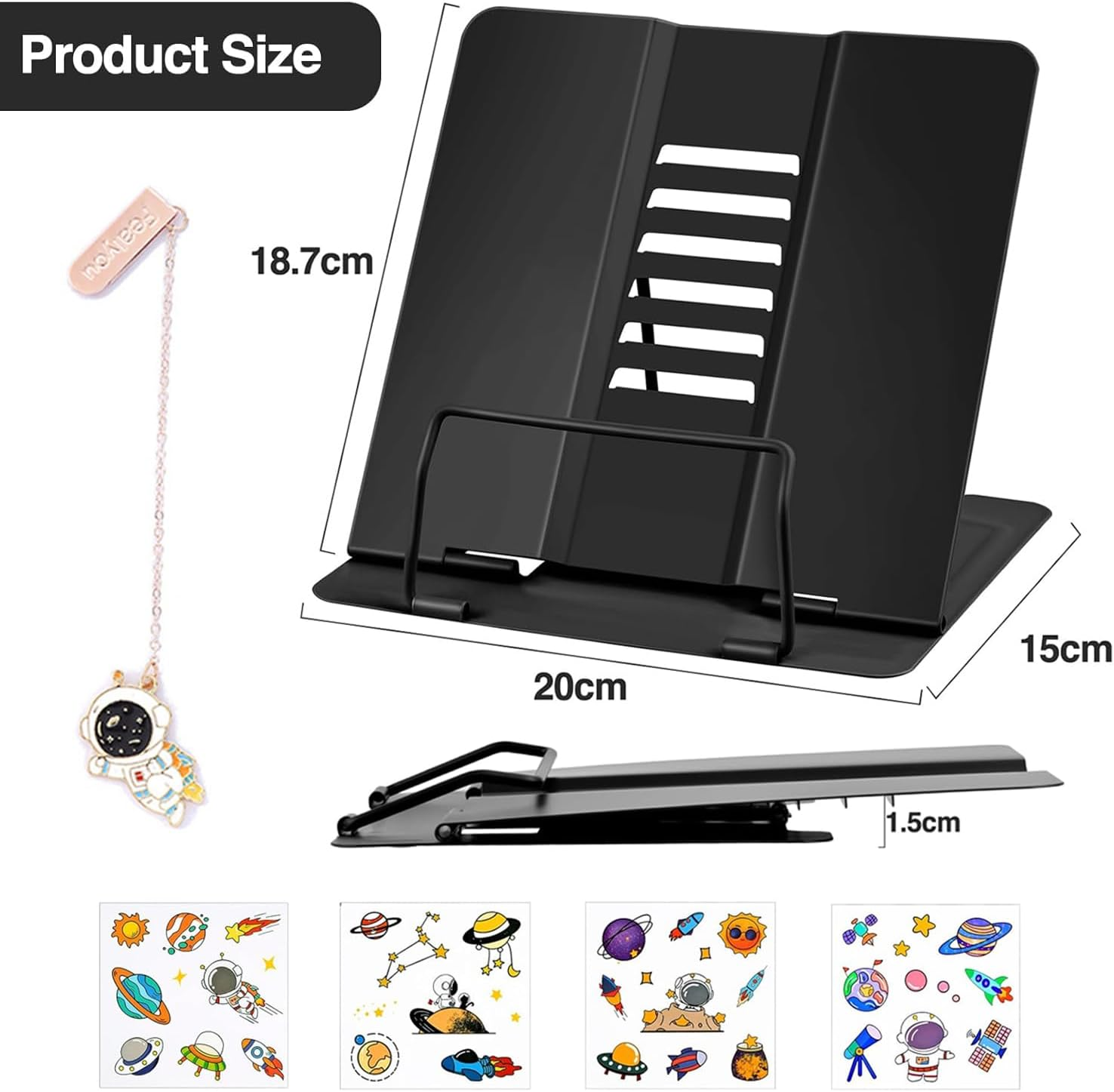 Cyanmor Desktop Reading Stand, 6-Level Adjustable Folding Reading Shelf, Portable Shelf with Non-Slip Pad, Cartoon Sticker Bookmark, Suitable for Textbooks, Cookbooks, and Tablets (Black) image number 6