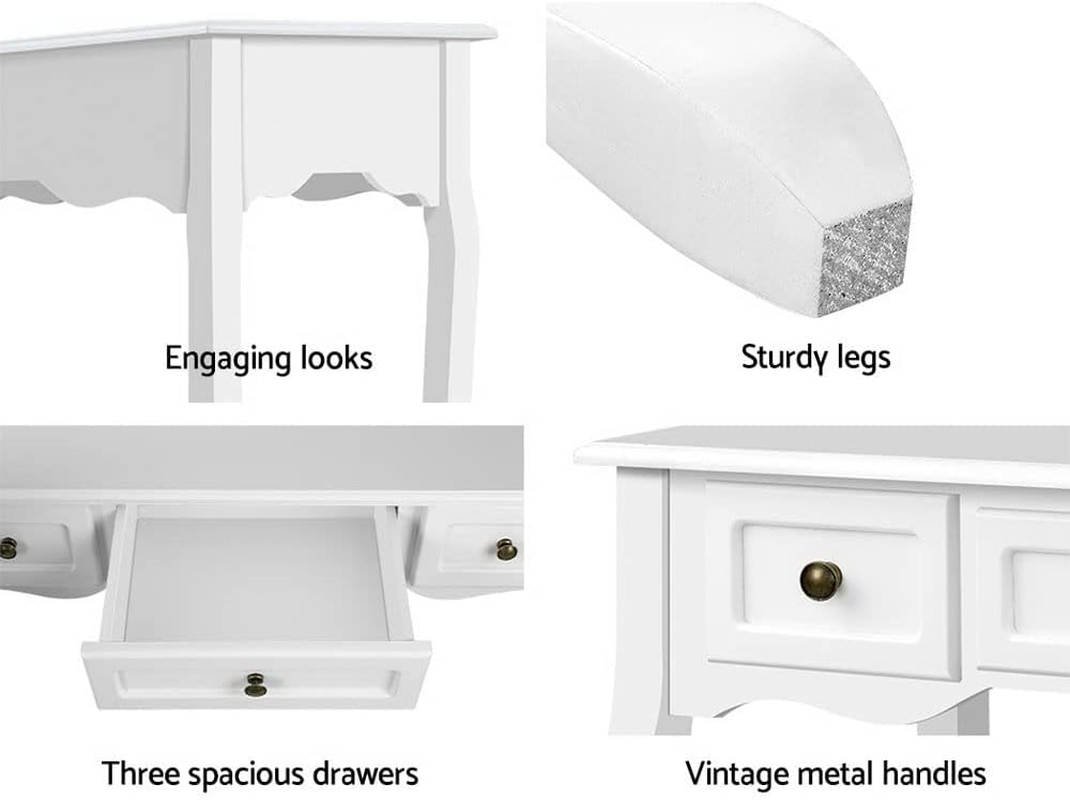 Artiss Console Table, Wood Side Hallway Tables Dressing Vanity Desk Drawers Home Bedroom Office Living Room Entryway Furniture, with 3 Drawer French Provincial Spacious Storage Space White image number 2