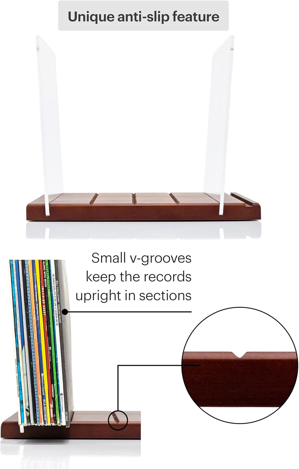 Premium Vinyl Record Storage - a Mid-Century Style Record Holder, 50 LP Capacity - with a Now-Playing Record Display Groove (Brown) image number 4
