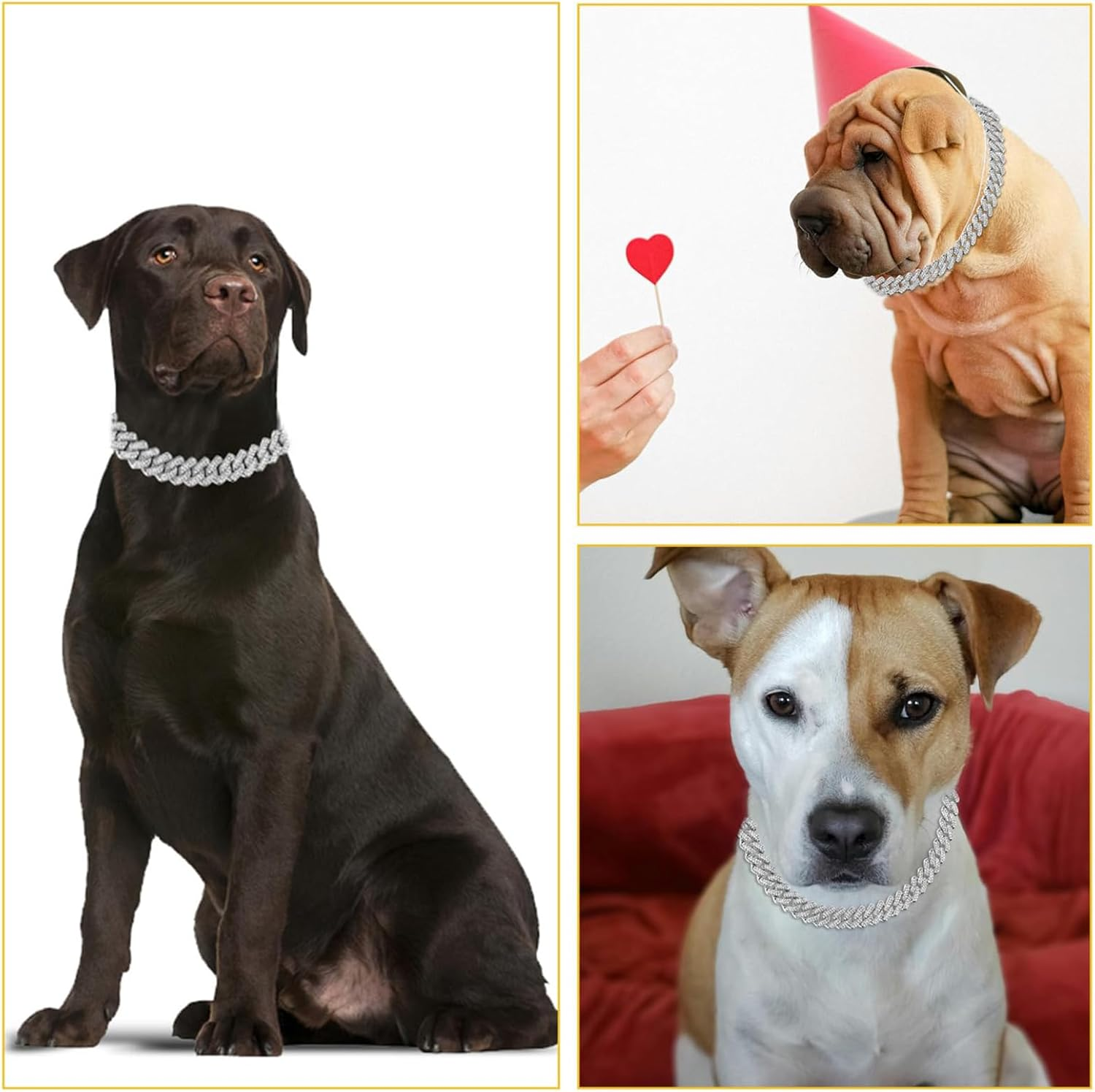 Lilbitty Silver Dog Collar Diamond Cuban Link Collar 13 Mm Wide Dog Collar Metal Cat Collar Pet Crystal Collar Jewellery Accessories 40 Cm image number 6