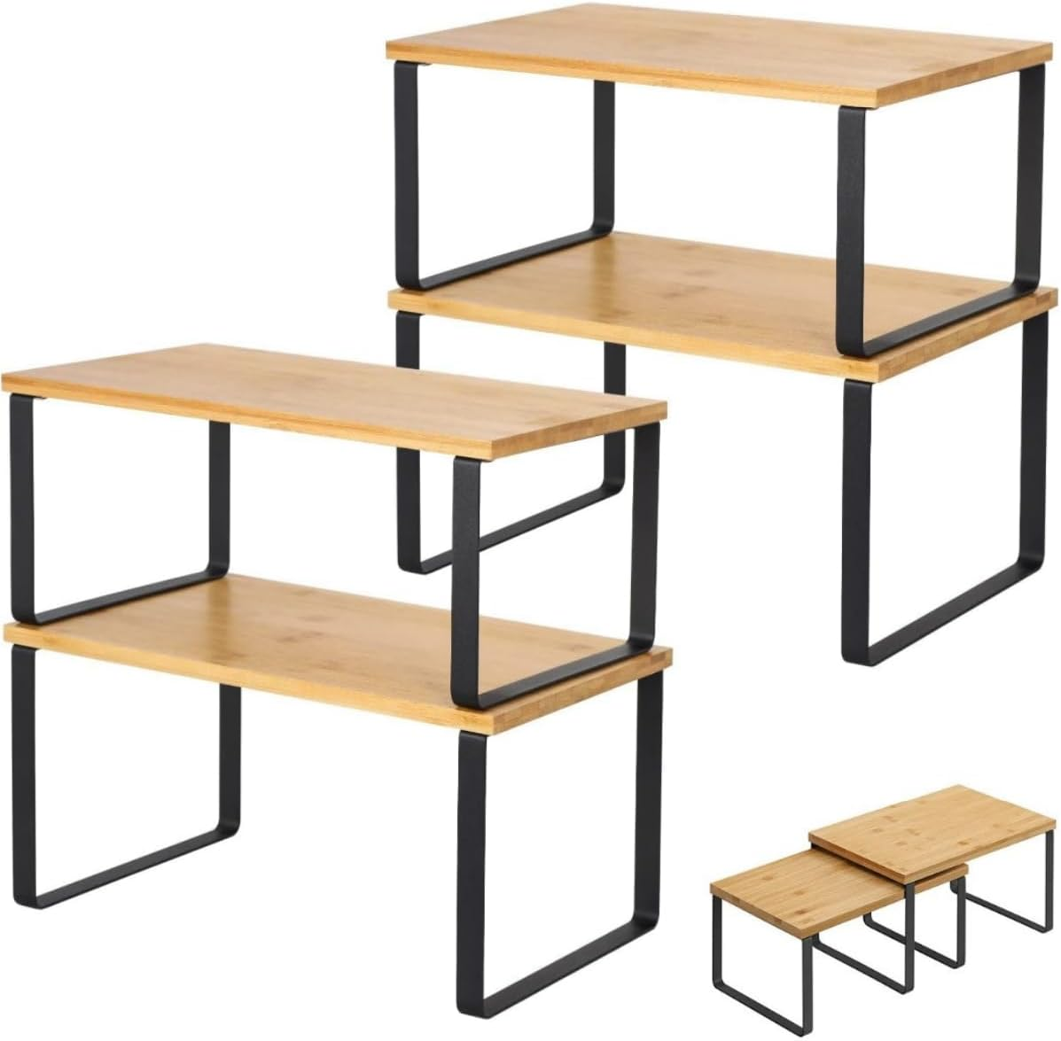 9SHOME 4Pack Expandable Cabinet Shelf Organiser, Stackable Kitchen Counter Shelves Organiser, Wooden Cupboard Stand Spice Rack, Pantry Shelves Cabinet Insert for Kitchen Bathroom