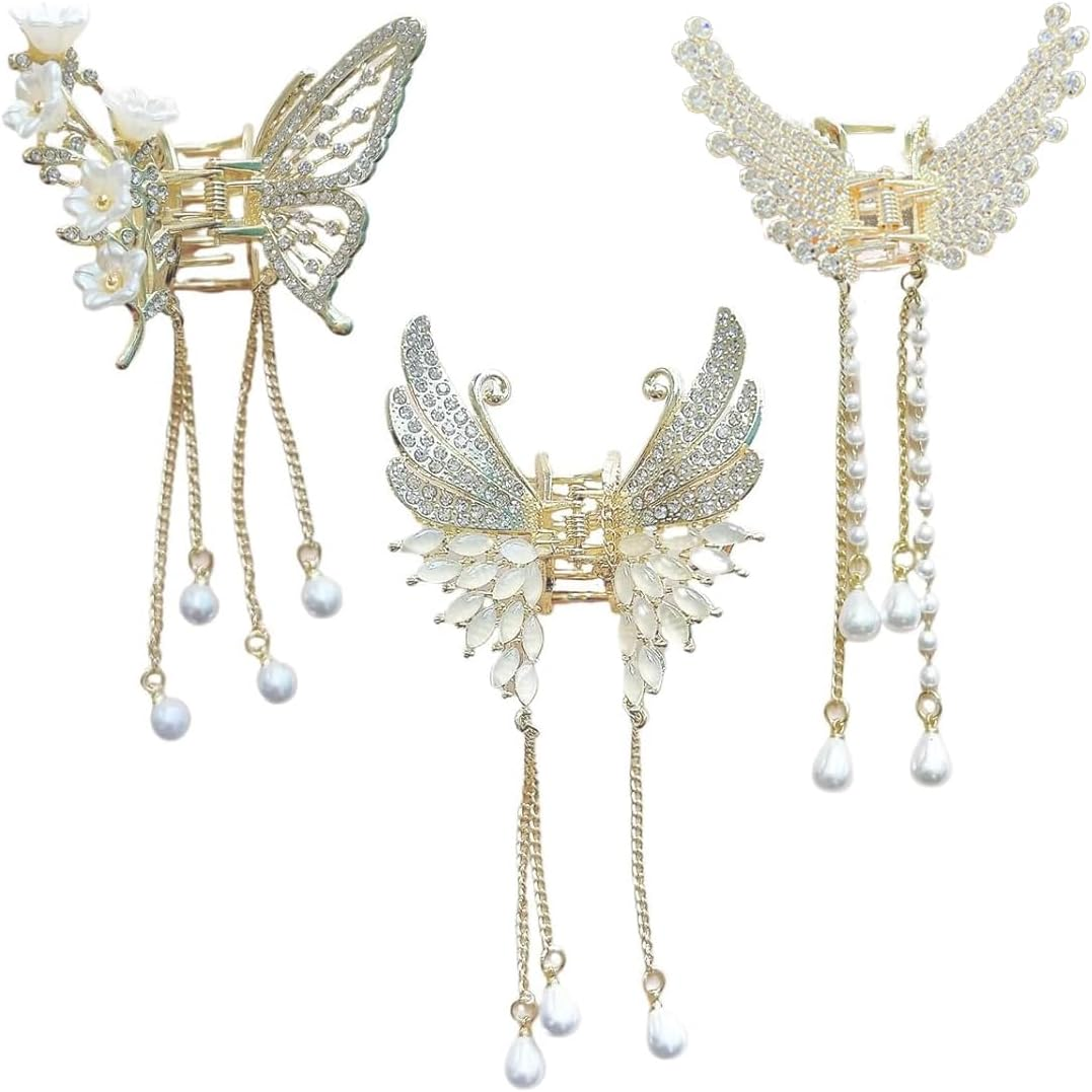 Bangbobi Butterfly Hair Accessories - Set of 3 Elegant Hair Clips with Metal and Pearls for Women and Girls - Hair Clip Butterfly Pearls Rhinestone image number 4