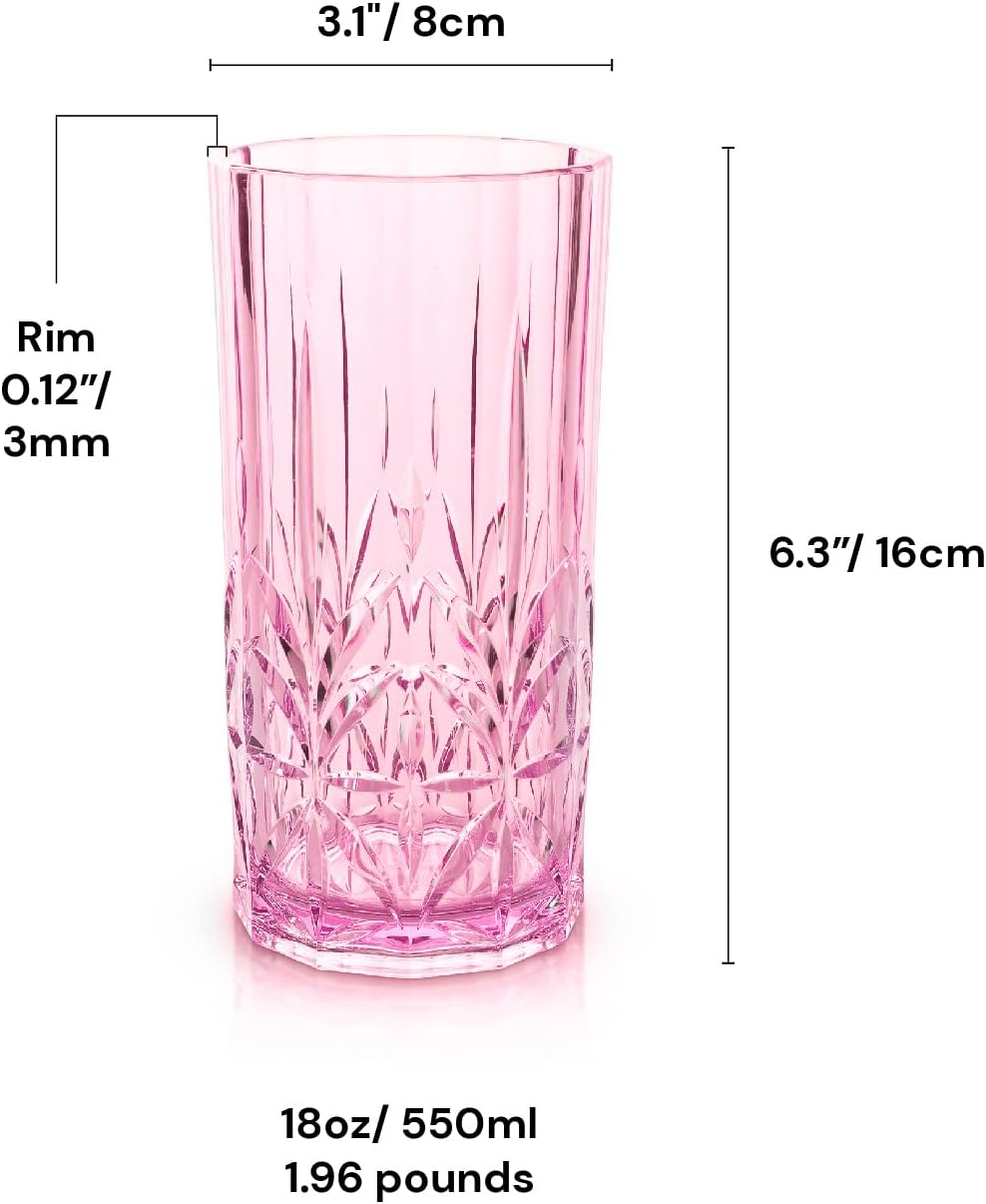 BELLAFORTE Shatterproof Tritan Tall Tumbler, Set of 4, 18Oz - Myrtle Beach Drinking Glasses - Unbreakable Plastic Drinking Glasses for Gifting, Parties, New Year - BPA Free - Dishwasher Safe - Pink
