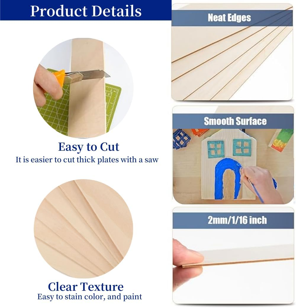 8 Pack Plywood Sheets, Basswood Sheets,1/16 X12 X 12 Inch Wood Sheet, Unfinished Craft Wood, Thin Plywood Wood Sheets, Wood Boards for Crafts, Laser Cutting, Engraving, Wood Burning (8) image number 5