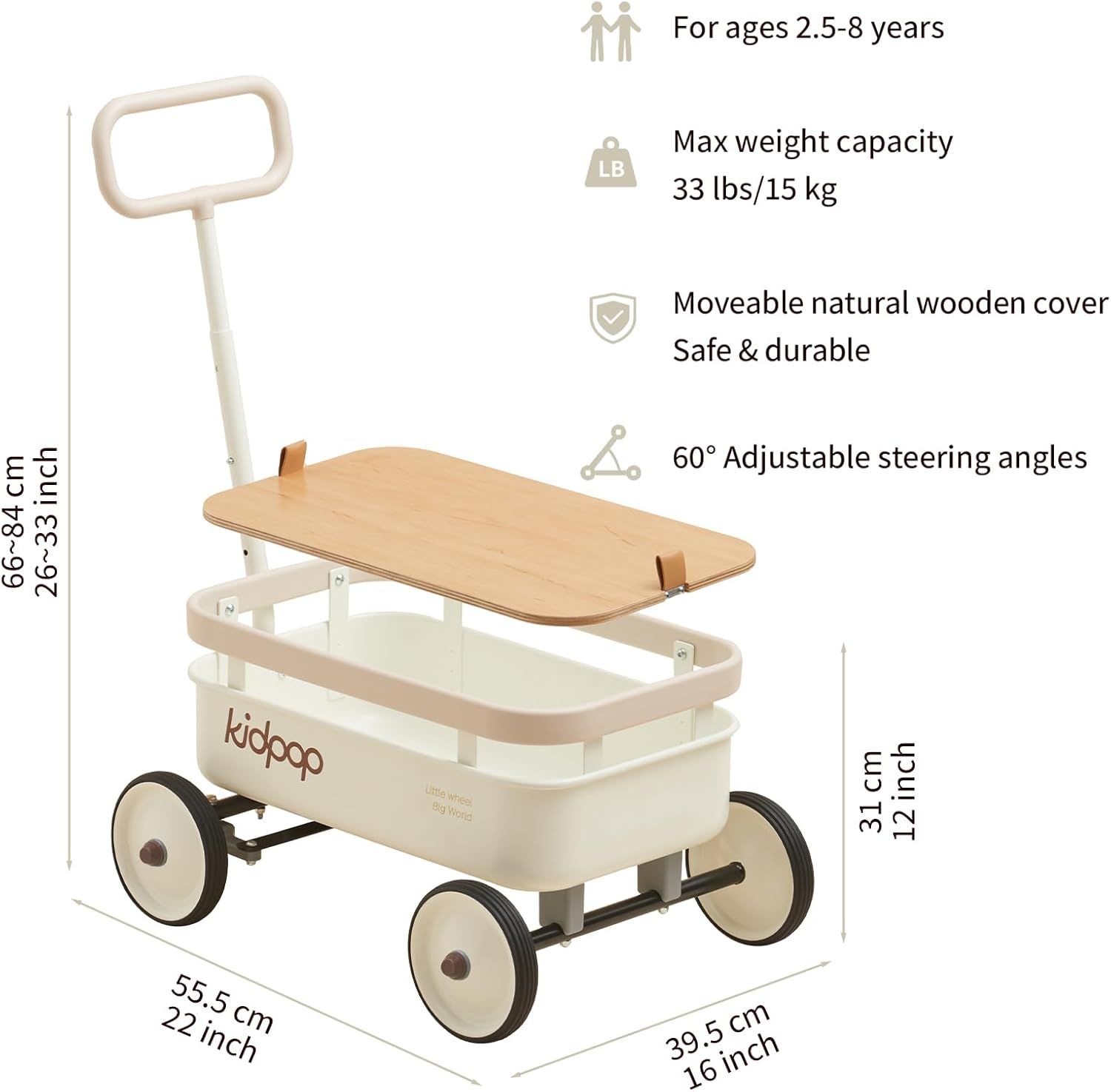 Pula-Wild 3-In-1 Kids' Pull-Along Wagon Toddlers Push Walker for 2.5-8, Removable Wooden Cover and Adjustable Handlebar, Birthday Gifts Max Weight 33 Lbs (White) image number 5