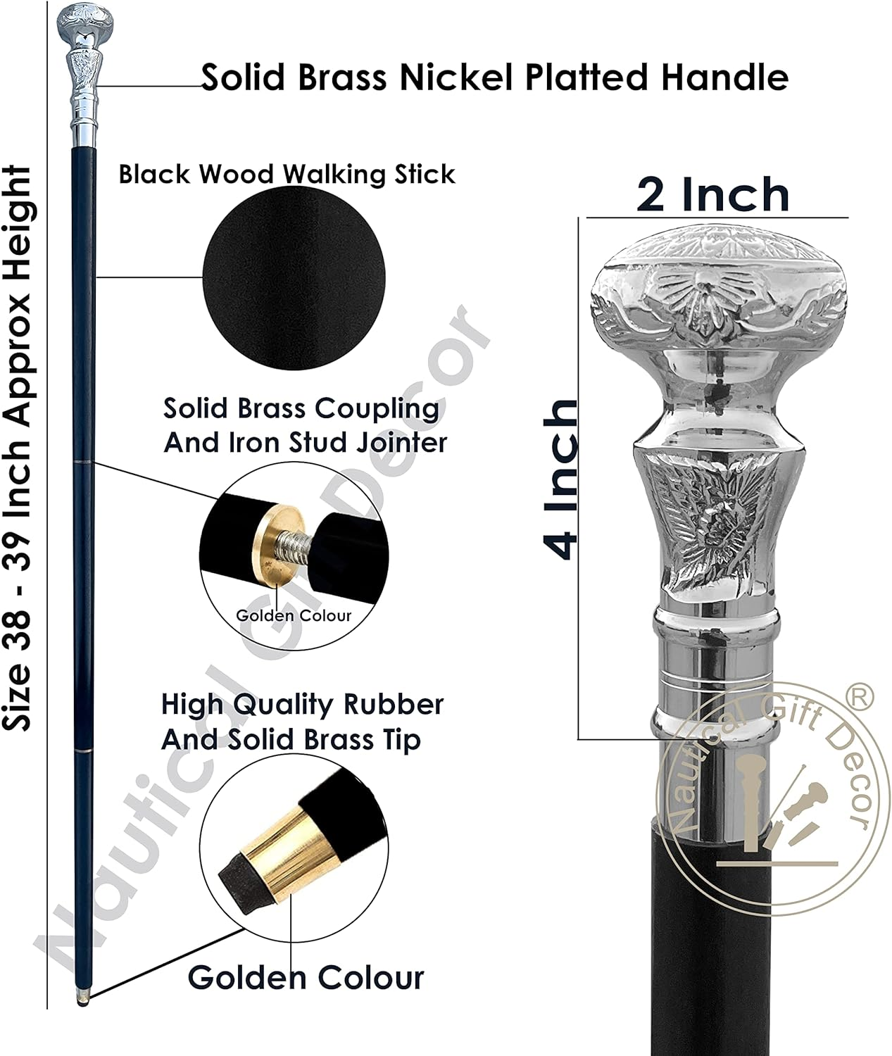 Vintage Antique Walking Cane Wooden Walking Stick Silver Brass Handle Knob Gift image number 4