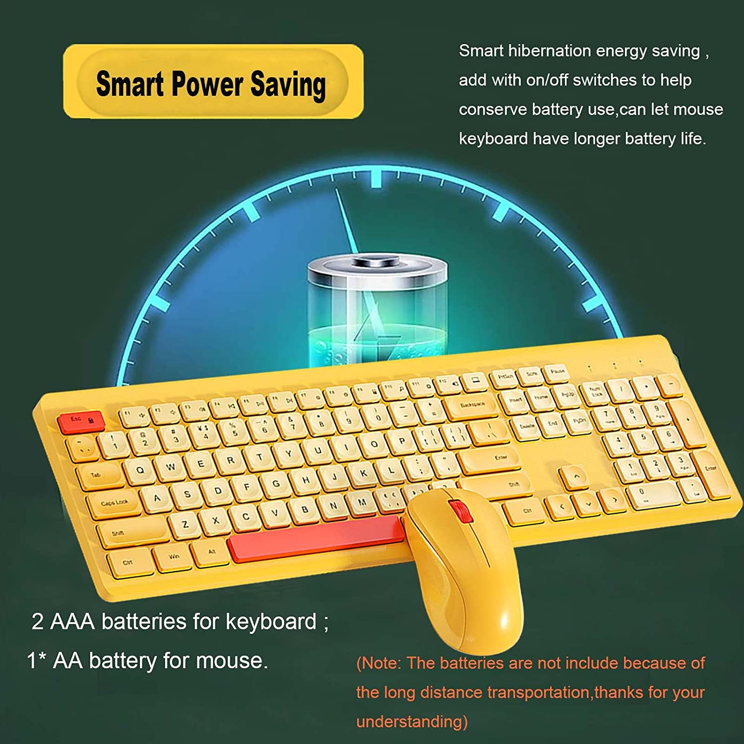 Wireless Keyboard Mouse Set,104 Square Keys Full-Size Office Keyboard with Number Keypad and 3-Level DPI Mice Combo for Computer Laptop PC Gamer (Yellow Mix) image number 5