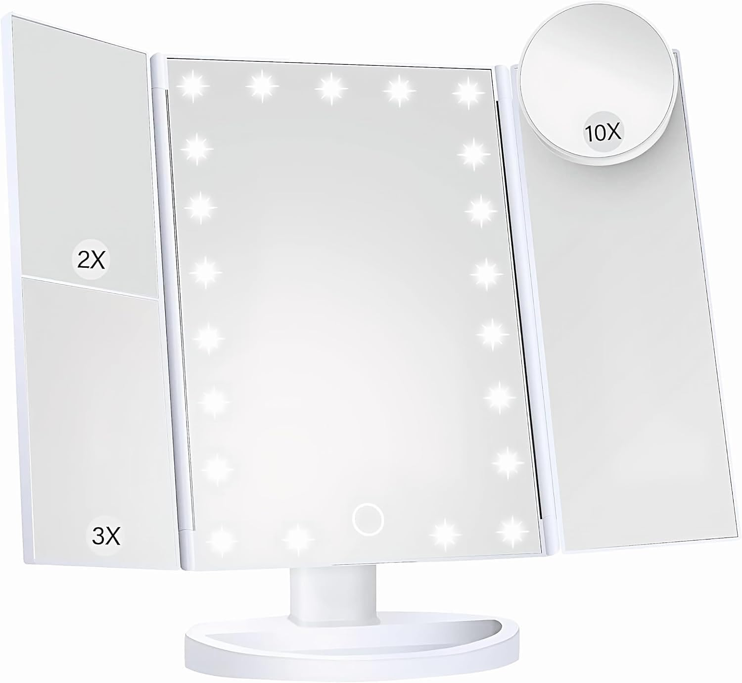 Lighted Makeup Mirror, White Vanity Mirror with 2X, 3X, 10X Magnification, Touch Control, Trifold, for Dresser, Bathroom, Two Power Supply Modes Modern Travel Mirror image number 1