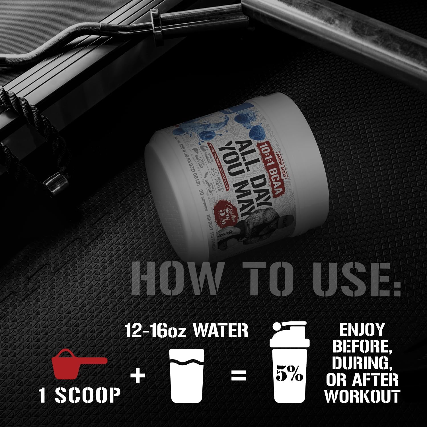 Rich Piana 5% Nutrition All Day You May - Lemon-Lime Flavour - 10:1:1 BCAA Post Workout Muscle & Joint Recovery Drink Supplement Powder, Essential Amino Acids, Sugar-Free, 435G, 30 Servings image number 4