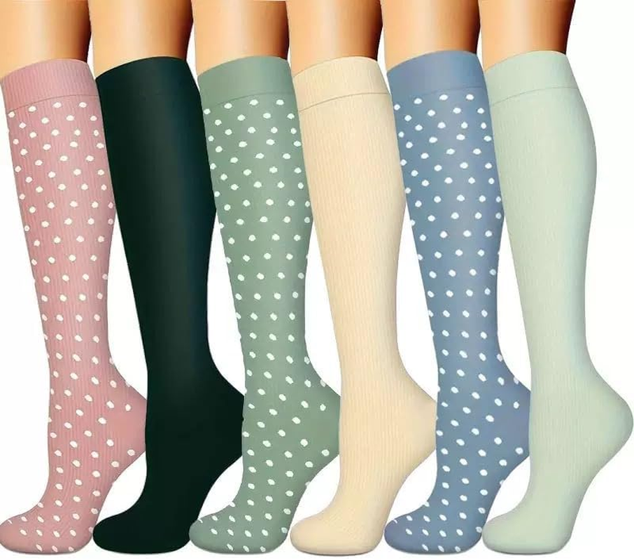 6 Pairs Compression Socks for Women & Men 15-20 Mmhg Graduated Stockings Knee High Great Support for Blood Circulation Varicose Veins Running Flight Travel Athletics Medical Nurse Diabetic Pregnancy