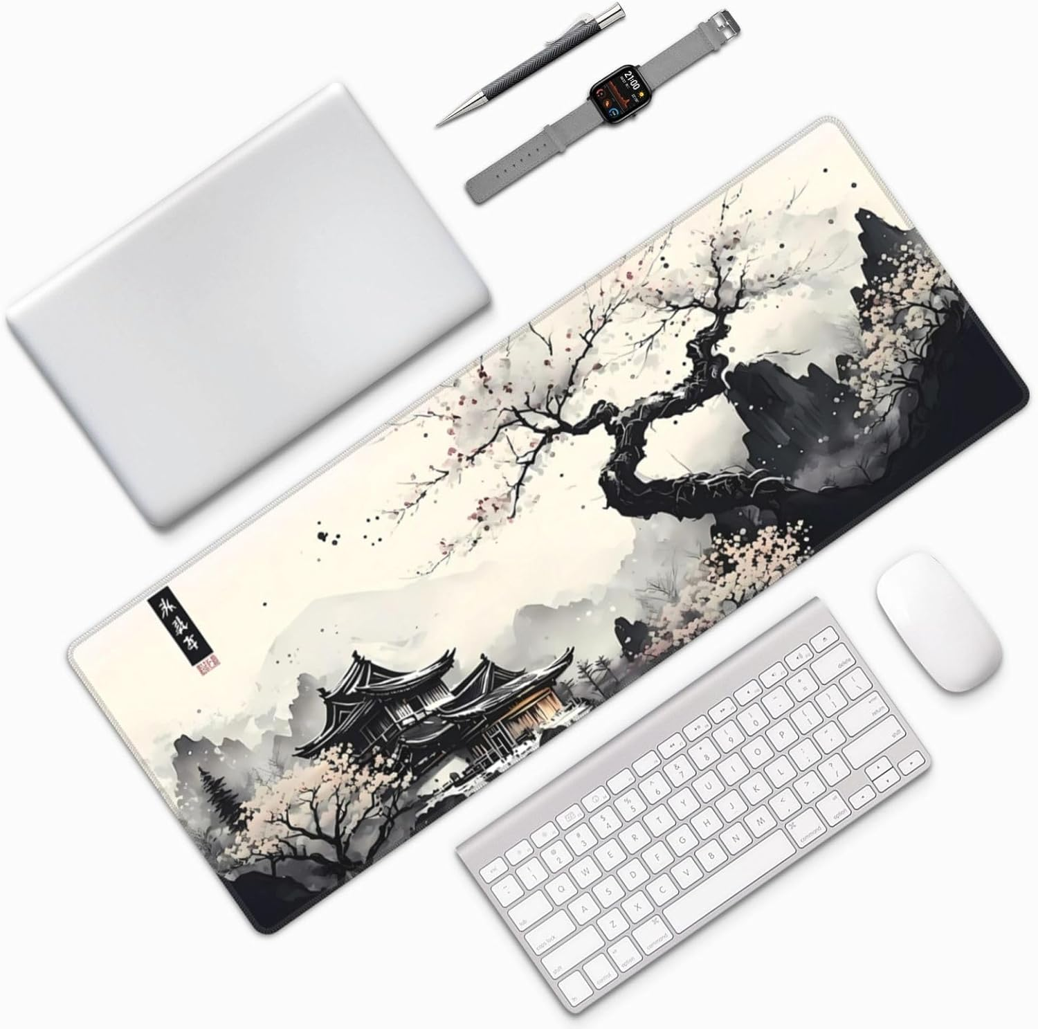 FACAICAI Mouse Pad, Large Desk Mat, Anime Gaming Keyboard Mat, Non-Slip Rubber Base, Big Extended Desk Protector for Home Office (Cherry Blossom, 30 X 80Cm) - Stock Market image number 2