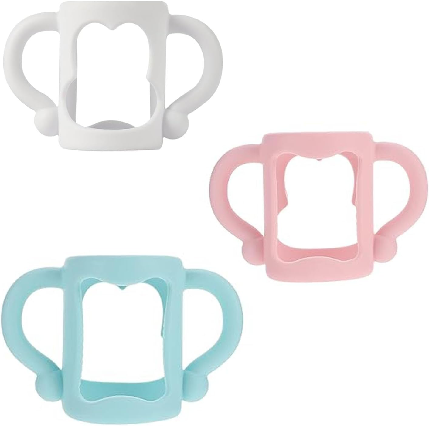 Mtxorvix 3-Pack Silicone Baby Bottle Handles with Wide Neck Design - Transitional Sippy Cup Grips for Infants, Easy-Grip Textured Surface, Leakproof & Bpa-Free (Pink, Light Blue, White)