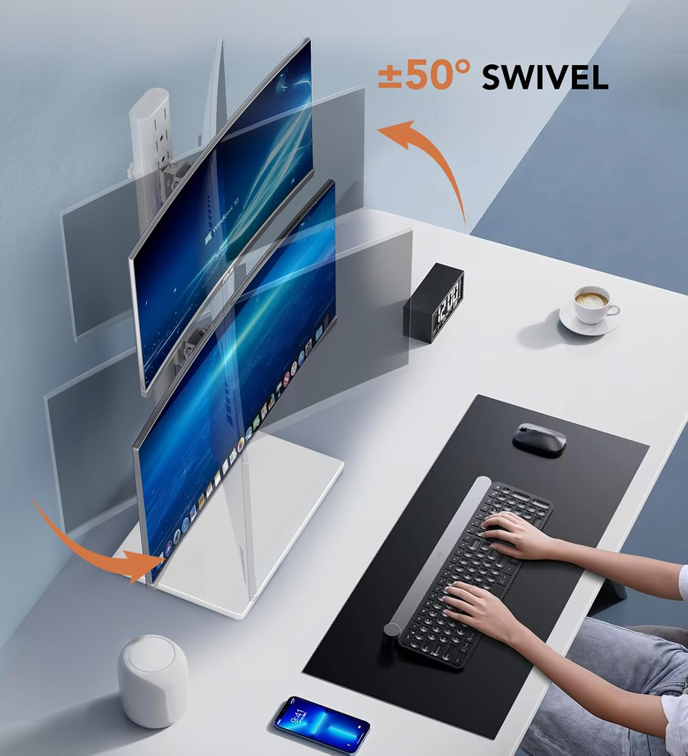 Hemudu Dual Monitor Stand - Vertical Stack Screen Free-Standing Monitor Riser Fits Two 13 to 34 Inch Screen with Swivel, Tilt, Height Adjustable, Holds One (1) Screen up to 44Lbs HT05W-002 White image number 4