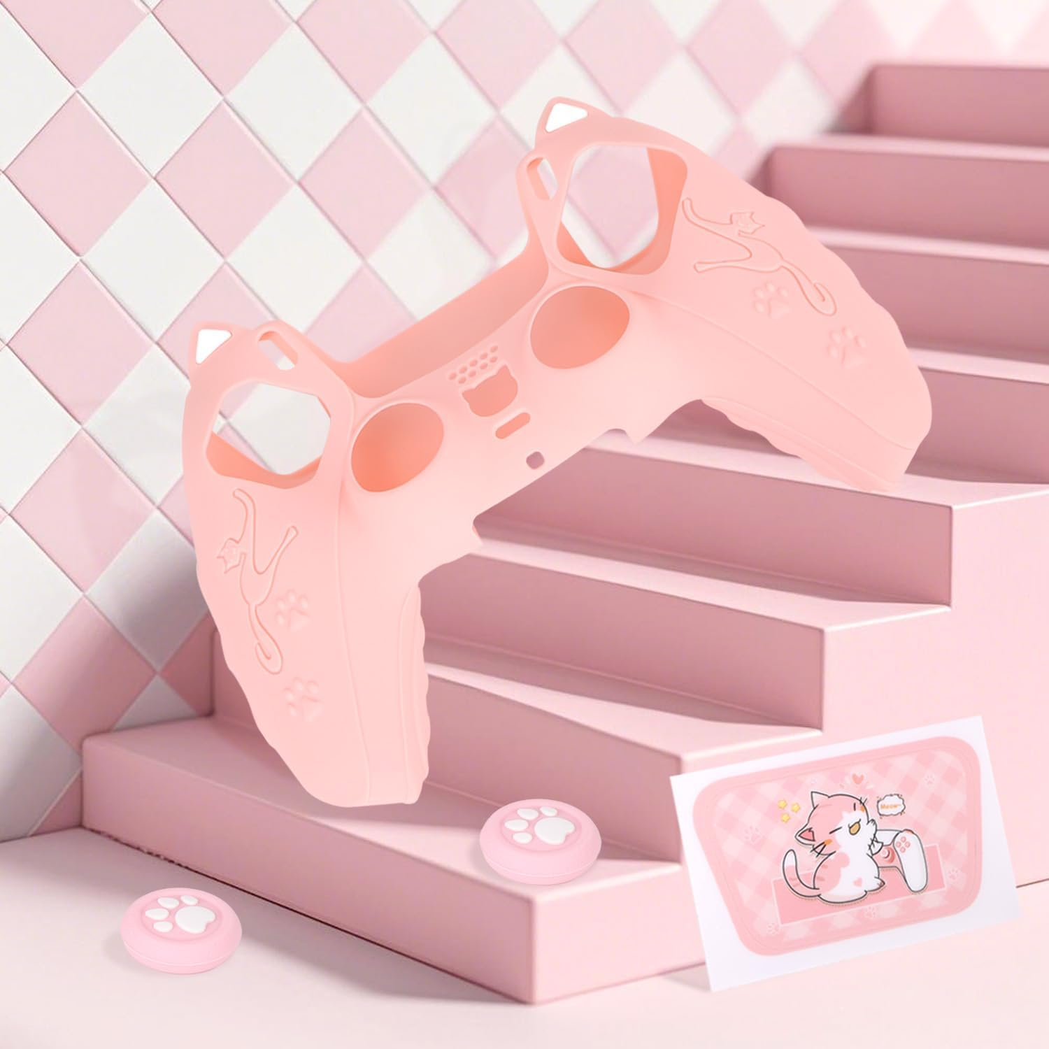 Pink Controller Skin Set for PS5, Cute Cat Paw Anti-Slip Silicone Cover Case for PS5 Wireless Controller Accessories Protective Shell with Thumb Grips & Touchpad Sticker, Girls Gamer Gifts