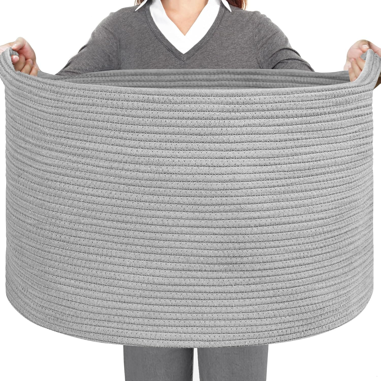 Large Blanket Basket，Large Storage Basket，Gray Wicker Woven Cotton Rope Baskets for Storage, Cotton Rope Blanket Basket for Living Room, Laundry, Nursery, Pillows, Baby Toy Chest （Gray）