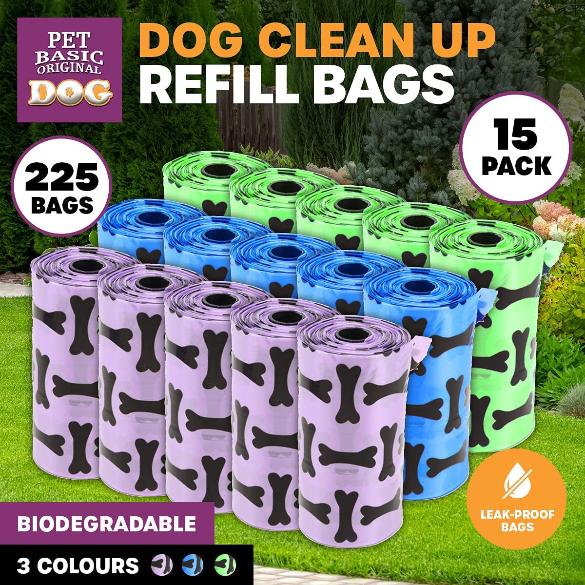 [225PCE] Pet Basic Value PK Dog Waste Poo Clean up Refill Bags Coloured Strong Leak Proof Biodegradable image number 1