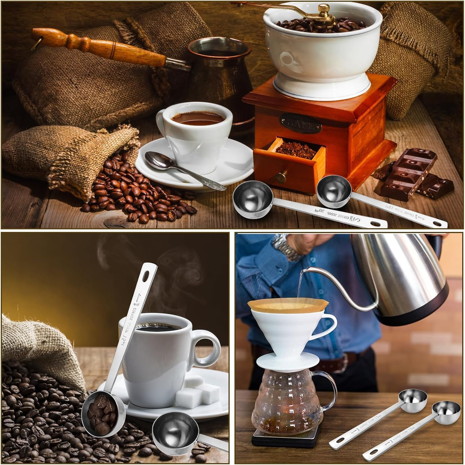 Measuring Spoons, Coffee Scoop Set, 2PCS 15 Ml Stainless Steel Tablespoon Scoops with Long Handle, Measuring Tablespoon for Ground Coffee, Loose Tea,Milk Brewin and Powder