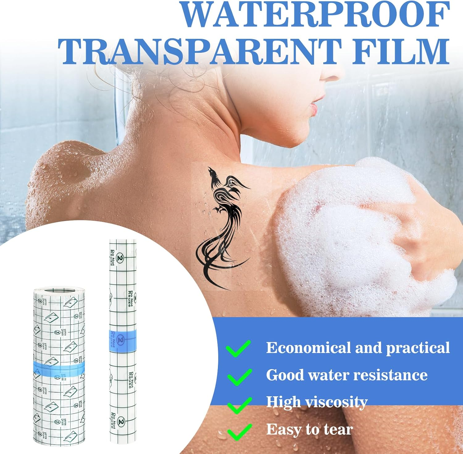 2 Rolls Tattoo Aftercare Bandage Roll: 8" X 1Yd & 6" X 5Yd, Waterproof Transparent Bandage for Healing & Skin Protection, Breathable Adhesive Film & Hypoallergenic Second Skin Wrap