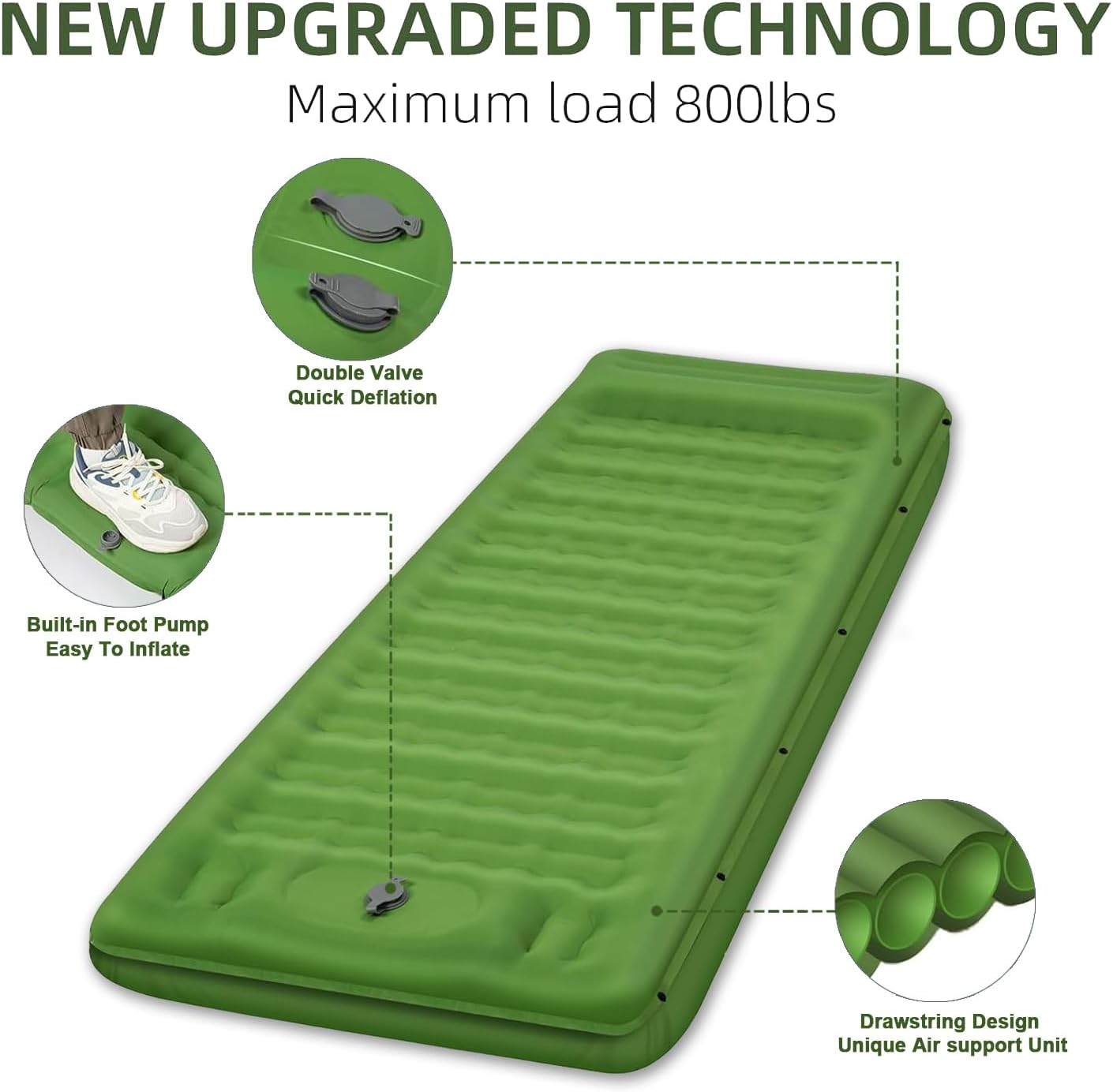 Extra Thick 5" Inflatable Camp Mat with Integrated Pillow & Foot Pump | Portable Airbed for Outdoor Adventures | Compact Travel Sleep System (Green) image number 3