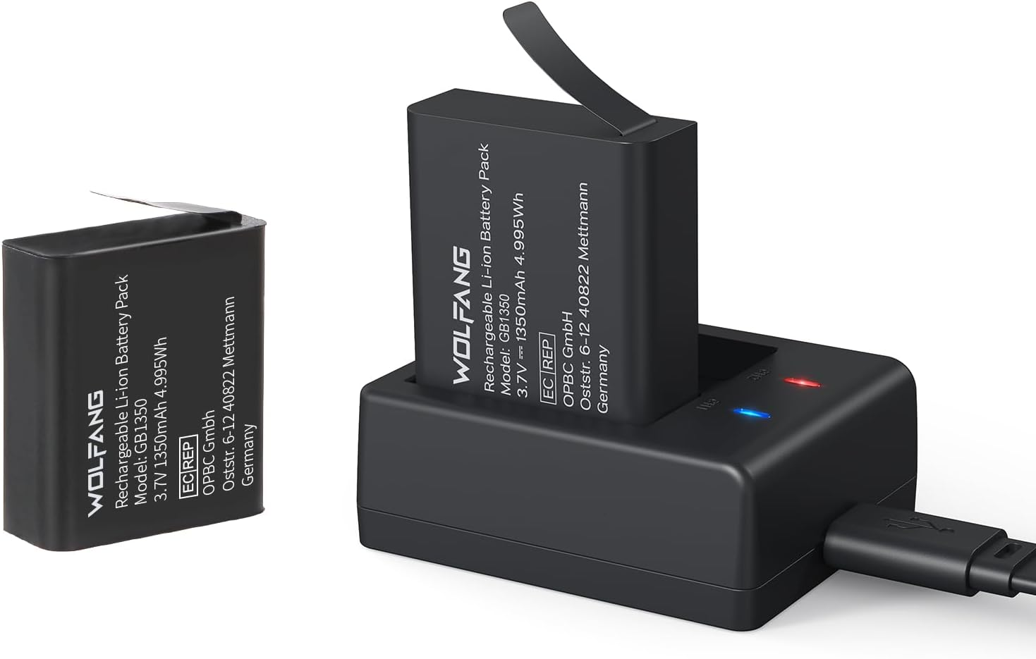 WOLFANG Action Cam Battery Charging Set with Two 1350 Mah Batteries and USB Charger for GA100 / GA200 / GA300 image number 1