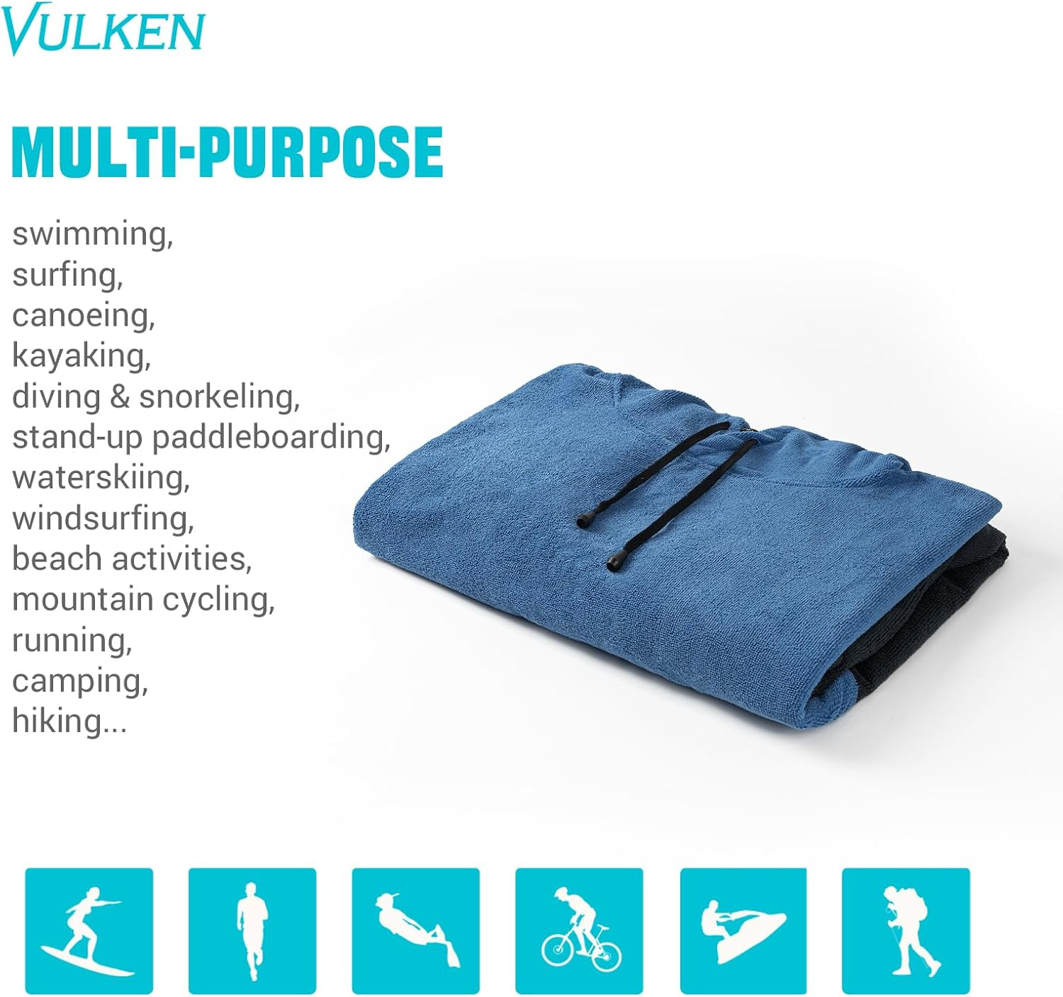 Vulken Thick Hooded Beach Towel Changing Robe, Surf Poncho for Men and Women, Easy Change, Microfiber Towelling for Beach Swimming, 47"X37", Black Blue image number 5
