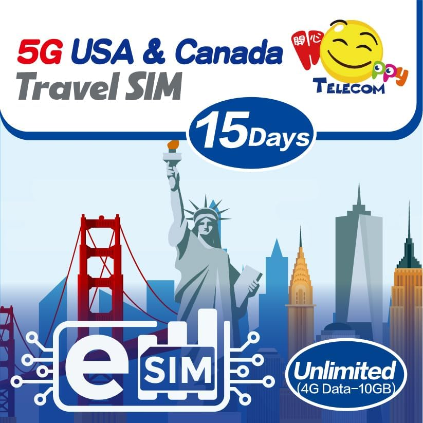 Happy Esim USA and Canada 15 Days Unlimited Data | 10GB of 5G/4G LTE High-Speed Network Then 128Kbps | No Daily Limit | No Registration | Easy to Use image number 2