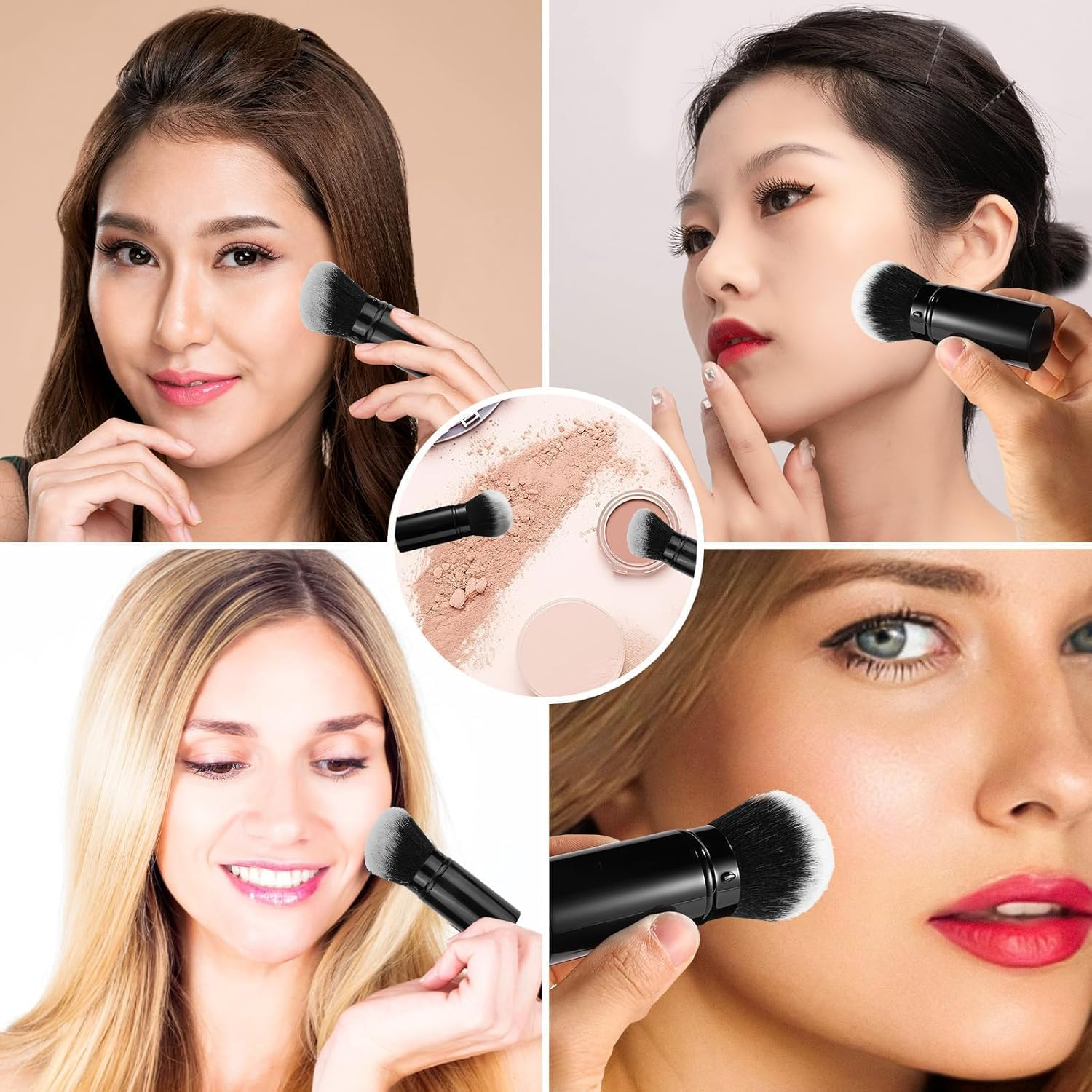 Black Retractable Make-Up Brush, 2Pcs Travel Face Blush Brushes with Cover, Telescopic Make-Up Brush Big Makeup Brushes, Retractable Kabuki Makeup Brushes with Flat and round Top image number 4