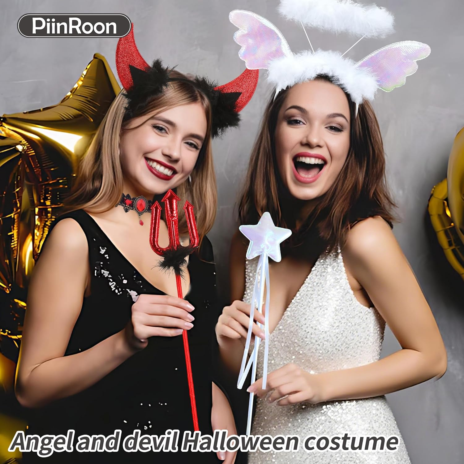 Piinroon Halloween Headbands, 6 Pcs Angel Halo Headband and Devil Horns Headband Set, Black White Halloween Hair Accessories with Choker Necklace for Women Costumes Accessories