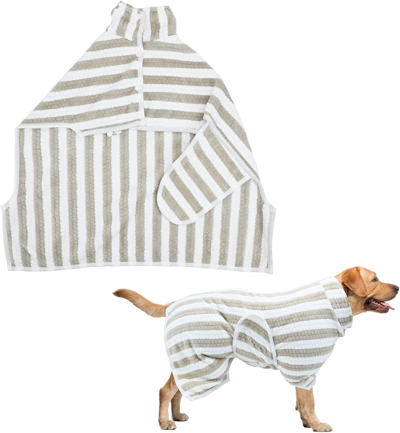 Dog Bath Coat - Ultra Absorbent Microfiber Quick Dry Striped Bathrobe - Corn Flannel Super Soft Towel with Adjustable Neck Snap Fastening for Baths, Swims (M) image number 4