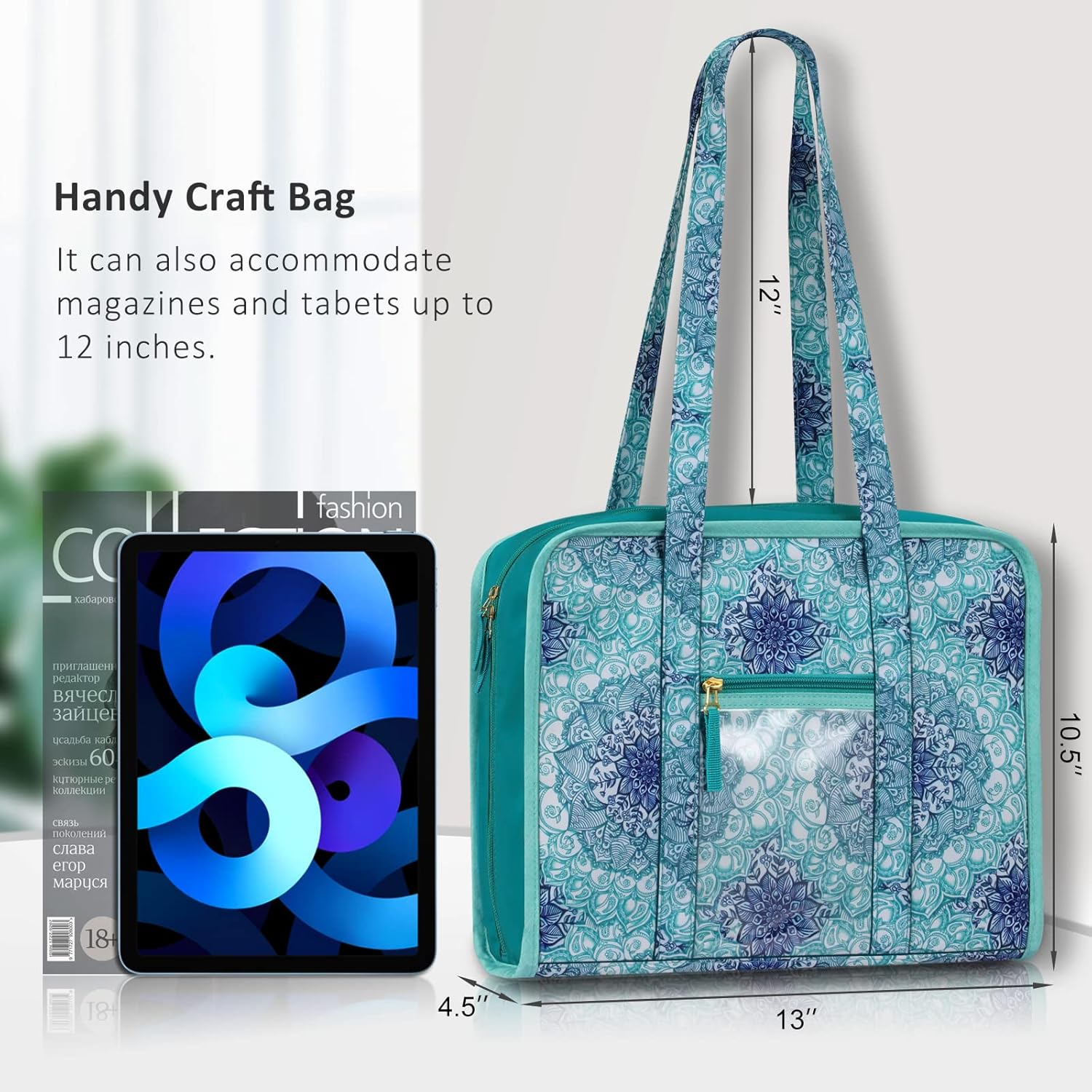 FINPAC Sewing and Craft Supplies Storage Tote, Large Capacity Travel Packing Organizer Bag with Clear Pockets and Handle for Knitting, Crochet, Art, Sewing Accessories - Blooming Hibiscus image number 6