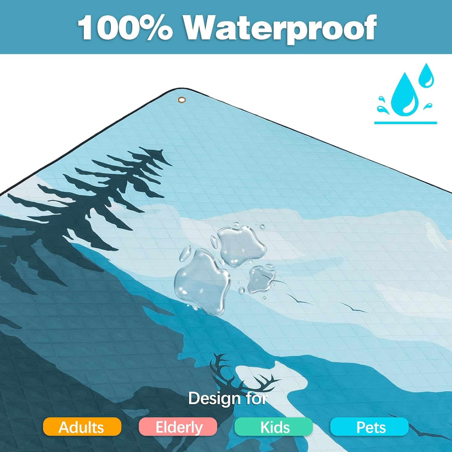 PY SUPER MODE Extra Large Waterproof Picnic Blankets 83X79 Inches - 5 Layer Outdoor Picnic Mat for Beach Camping Park Lawn, Windproof Anchor System with Stakes, Foldable Blue&Brown - Blue Leaves image number 5