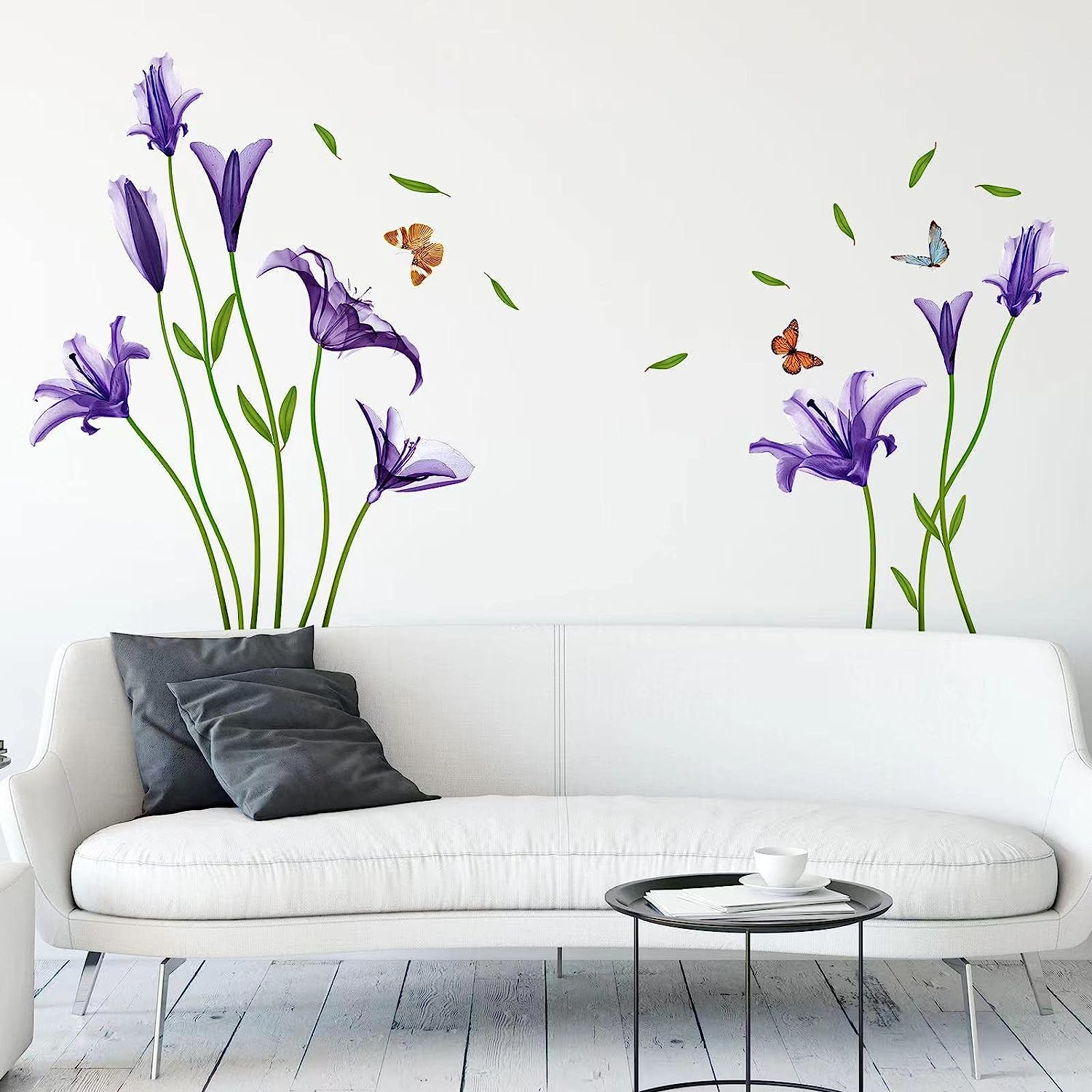 Amimagen Lily Flowers Wall Decals - Wildflower Grass Butterflies Floral Wall Stickers - Girls Bedroom Living Room Sofa TV Background Home Wall Decor image number 1