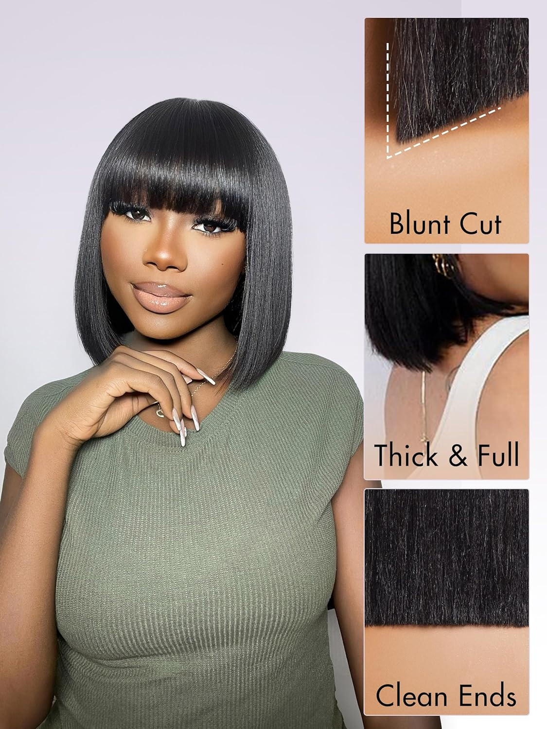 LUVME HAIR 10 Inch Light Yaki Straight Bob Wig with Bangs Human Hair Realistic HD Lace Short Black Bob Wigs, Ready to Go Blunt Cut Bob Wig Glueless 180 Density image number 6