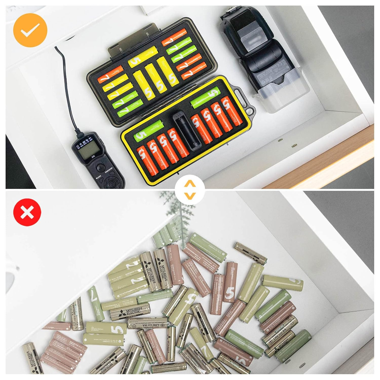 24 Slots AA AAA Battery Storage Case with Battery Tester Functions for 14Pcs AA Batteries + 10Pcs AAA Batteries, Water-Resistant Anti-Shock Protector, with Carabiner X 1 image number 5