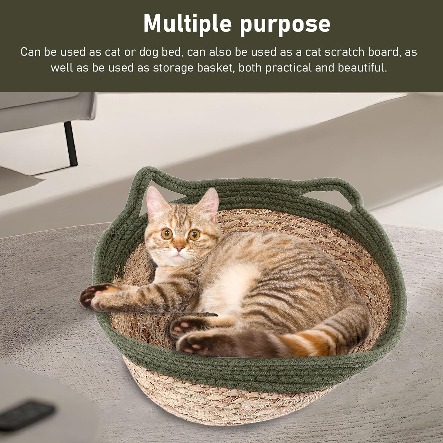 Hand Woven Cat Nest Straw Breathable Soft Cat Bed round Scratch Proof Cat Nest for Four Seasons (L) image number 6