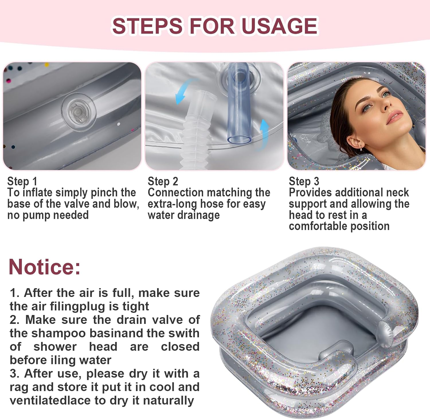 Inflatable Hair Washing Basin, Portable Shampoo Bowl with Pillow and Drain Hose, Hair Washing Basin for Bedridden, Disabled, Injured, Perfect for Dreadlocks, Curly Hair, Thick Hair (Grey) image number 1