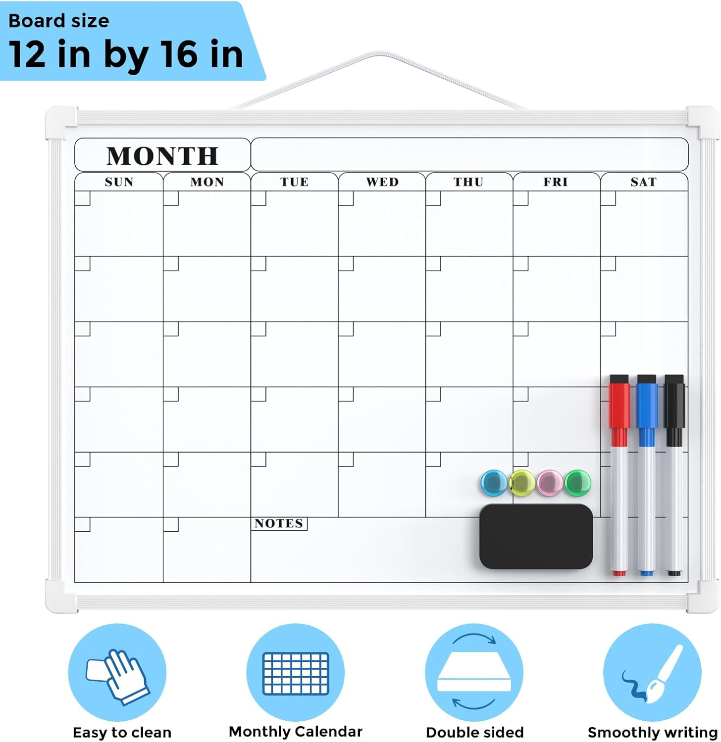 Maxgear Monthly Calendar Dry Erase Whiteboard for Wall, 16"X12" Small Hanging Double-Sided White Board, Portable Board for Planning, Drawing, Memo, to Do List, Home, Kitchen, Office image number 6