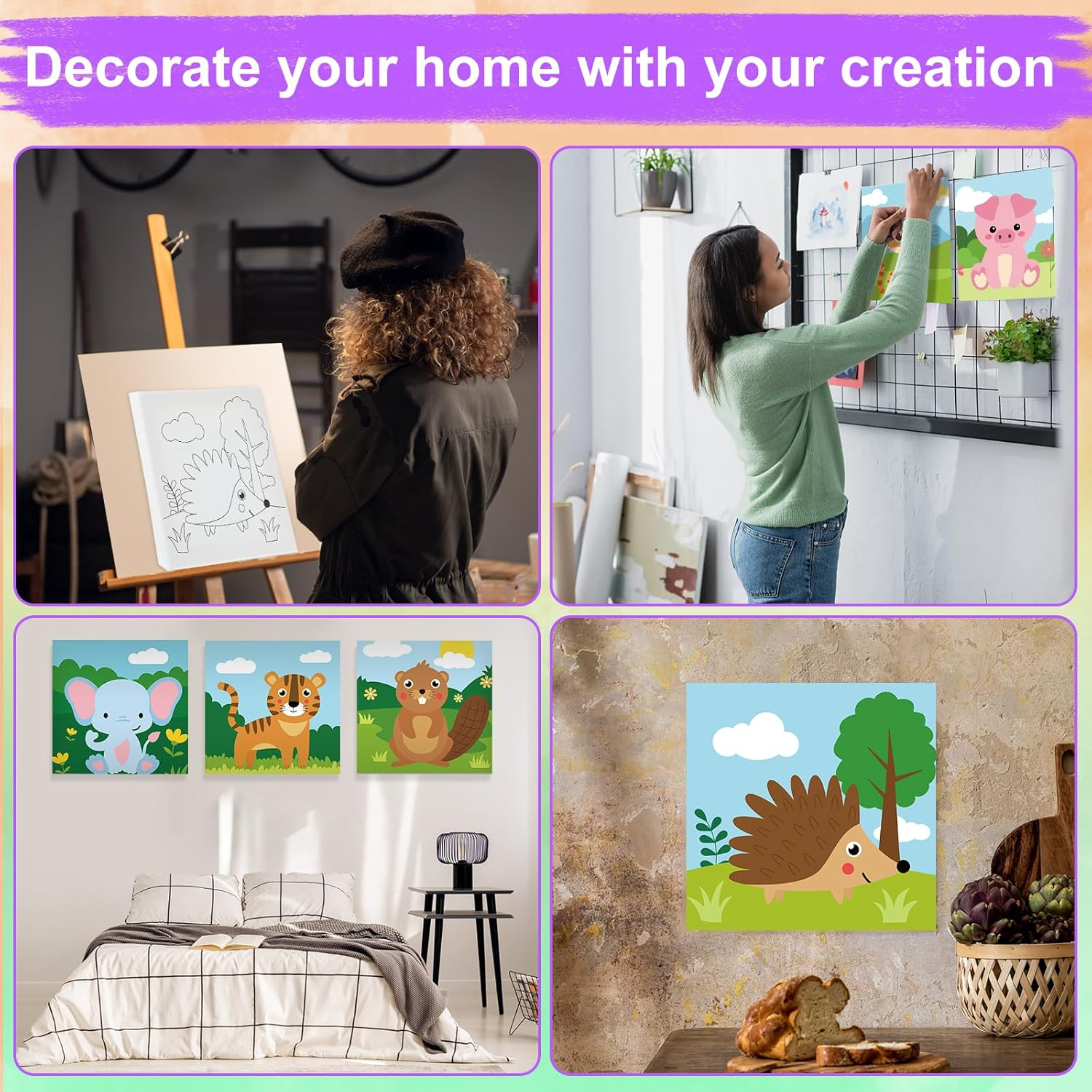 Teling 12 Pcs Pre Drawn Stretched Canvas Kit for Adults Painting Pre Printed Canvas Outline for DIY Painting Party Favor,6 X 6 X 0.6 Inches(Animal)